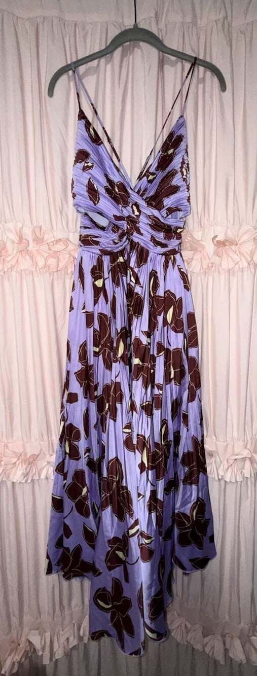 Jonathan Simkhai Portia Collage Floral Midi Dress Purple Sz 8 Ruched Cutout